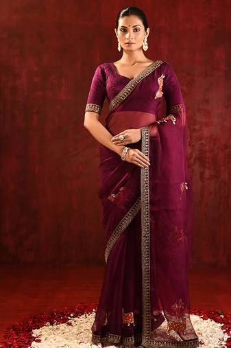 Burgundy embroidered organza saree set