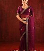 Burgundy embroidered organza saree set