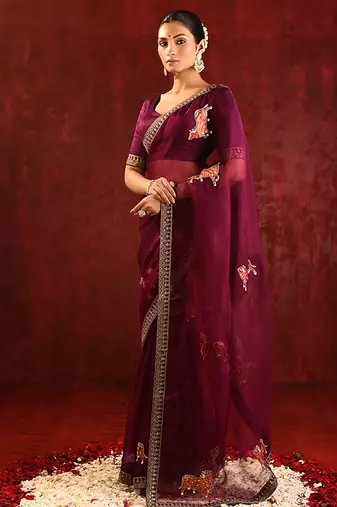 Burgundy embroidered organza saree set