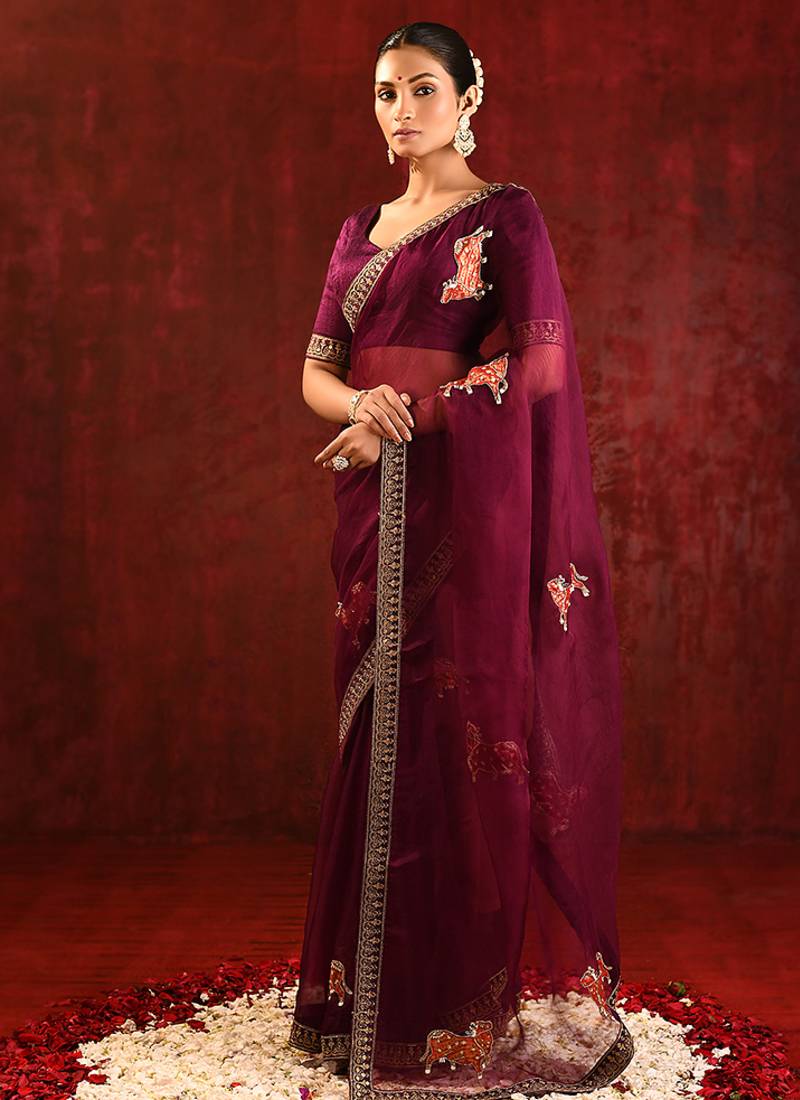 Burgundy embroidered organza saree set