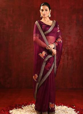 Burgundy embroidered organza saree set 3