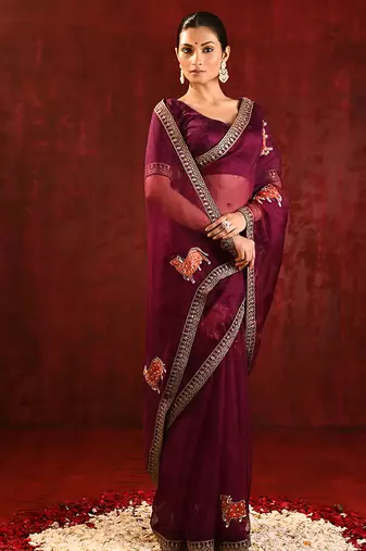 Burgundy embroidered organza saree set