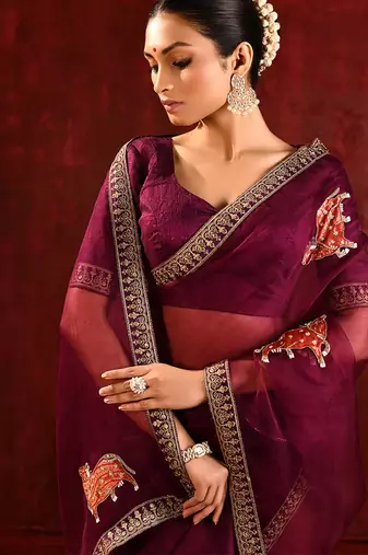 Burgundy embroidered organza saree set