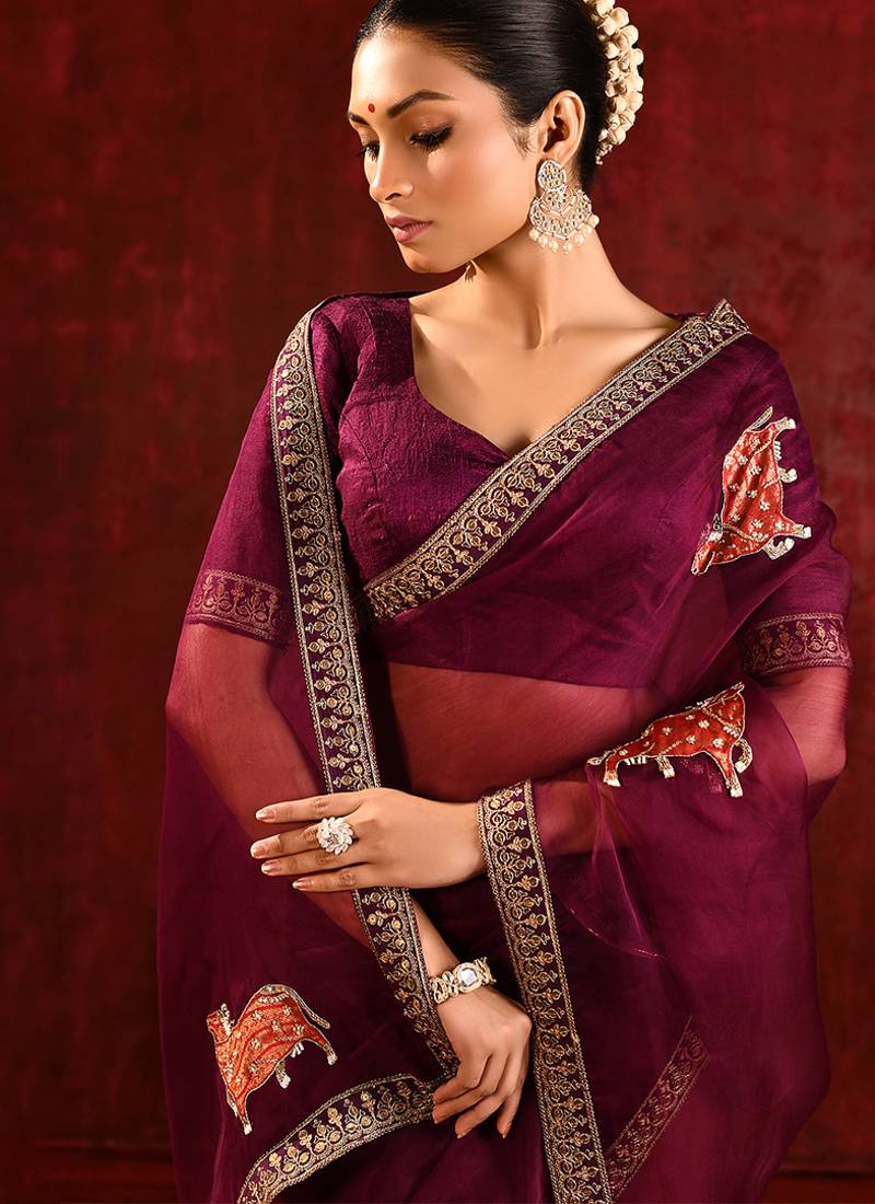 Burgundy embroidered organza saree set