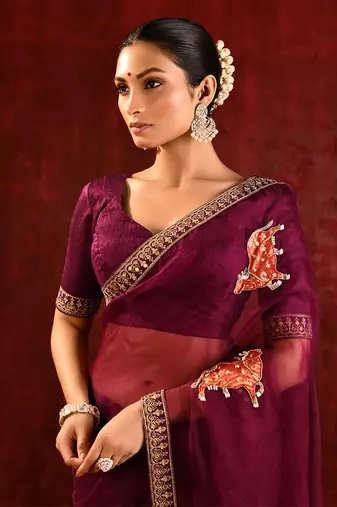 Burgundy embroidered organza saree set