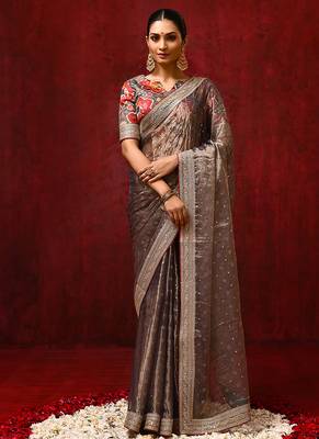 Metallic brown embroidered tissue saree set 1