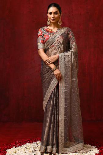 Metallic brown embroidered tissue saree set