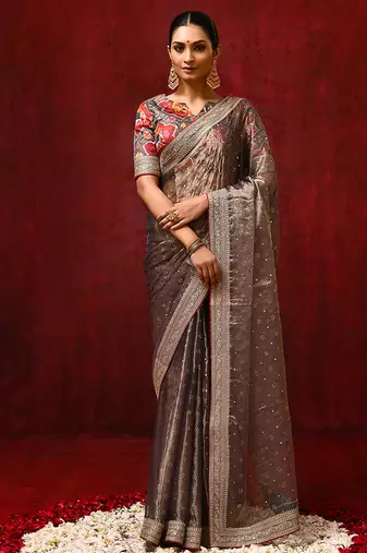 Metallic brown embroidered tissue saree set