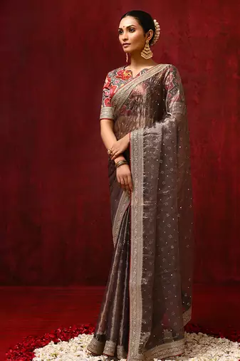 Metallic brown embroidered tissue saree set