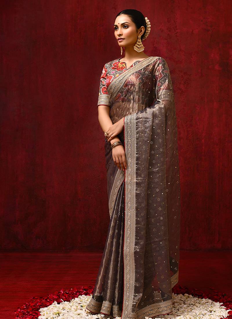 Metallic brown embroidered tissue saree set