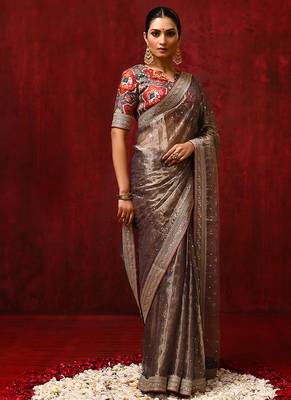 Metallic brown embroidered tissue saree set 3