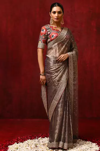 Metallic brown embroidered tissue saree set