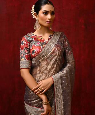 Metallic brown embroidered tissue saree set 4