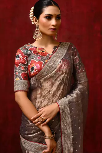 Metallic brown embroidered tissue saree set