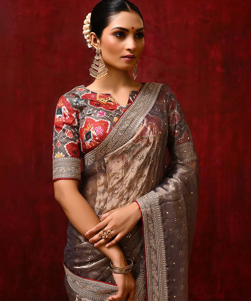 Metallic brown embroidered tissue saree set
