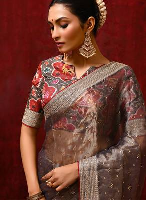 Metallic brown embroidered tissue saree set 5