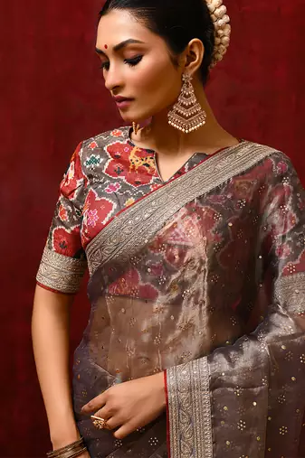 Metallic brown embroidered tissue saree set