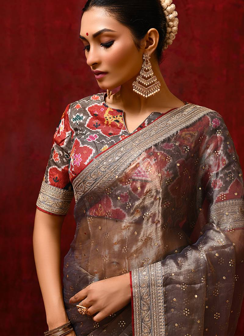 Metallic brown embroidered tissue saree set