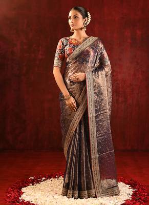 Metallic brown embroidered tissue saree set 1