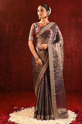 Metallic brown embroidered tissue saree set