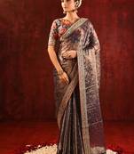 Metallic brown embroidered tissue saree set