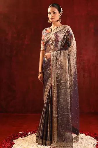 Metallic brown embroidered tissue saree set