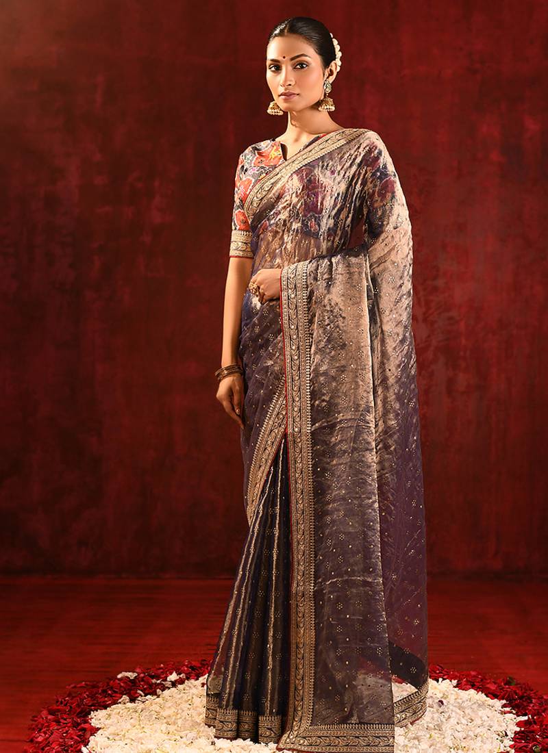 Metallic brown embroidered tissue saree set