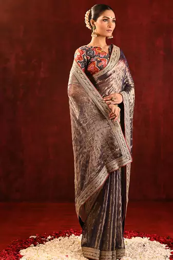 Metallic brown embroidered tissue saree set