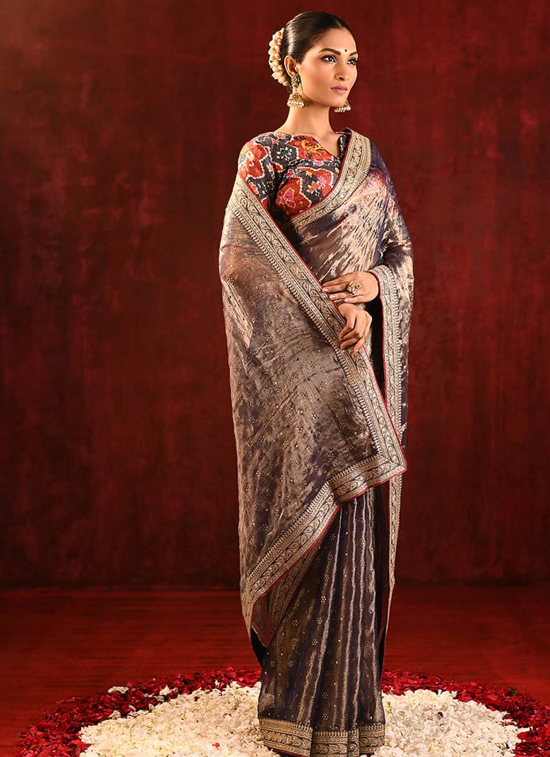 Metallic brown embroidered tissue saree set