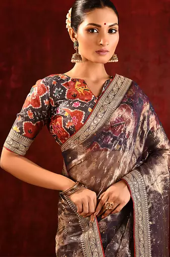 Metallic brown embroidered tissue saree set