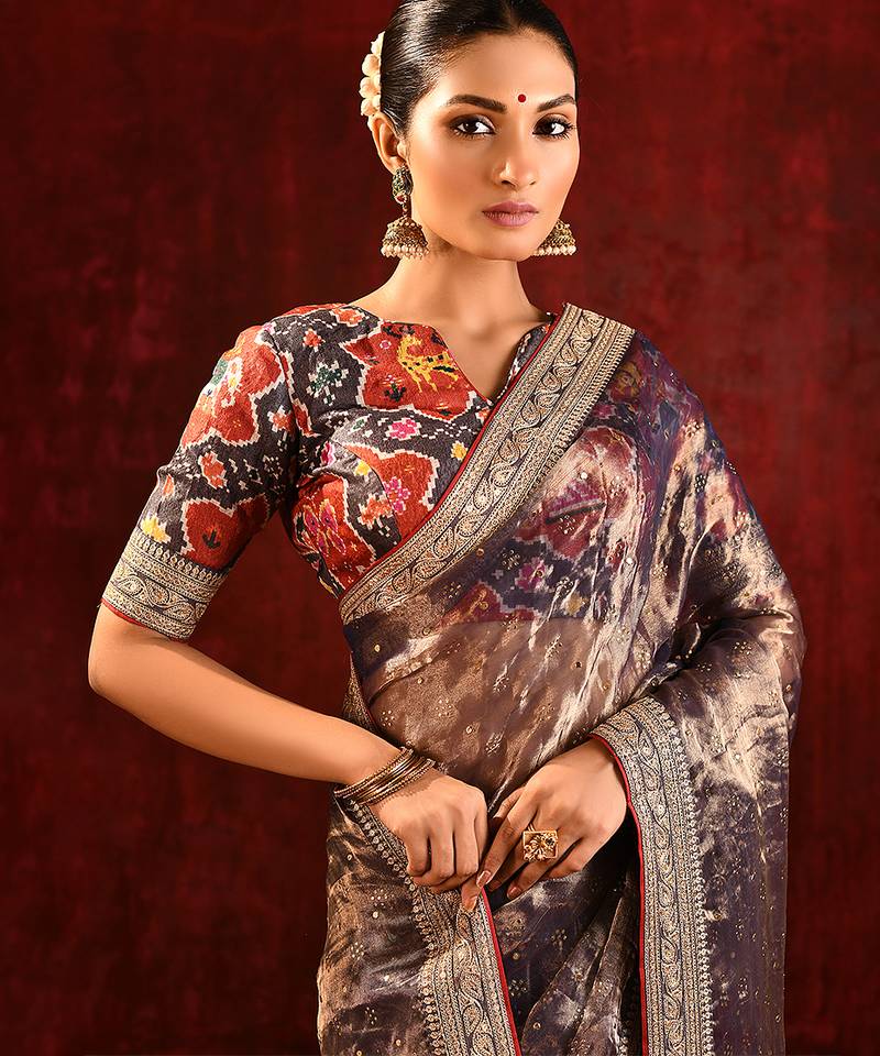 Metallic brown embroidered tissue saree set