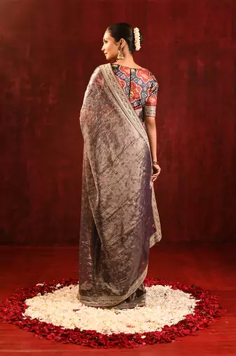 Metallic brown embroidered tissue saree set
