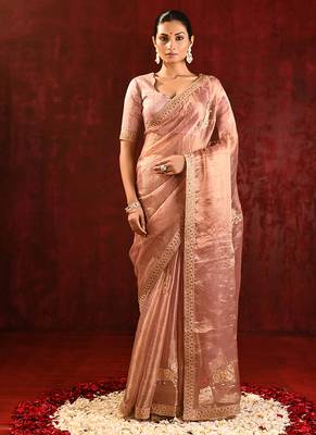 Rose pink embroidered tissue saree set 1
