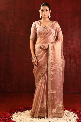 Rose pink embroidered tissue saree set