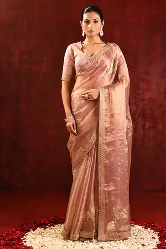Rose pink embroidered tissue saree set