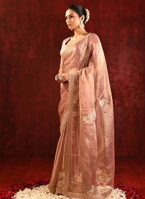 Rose pink embroidered tissue saree set 2