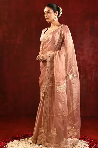 Rose pink embroidered tissue saree set