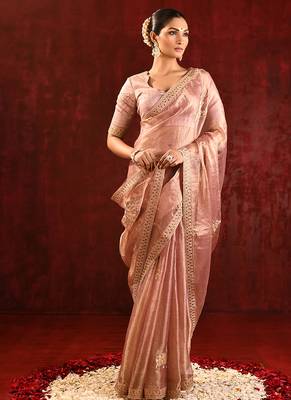 Rose pink embroidered tissue saree set 3