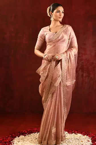 Rose pink embroidered tissue saree set