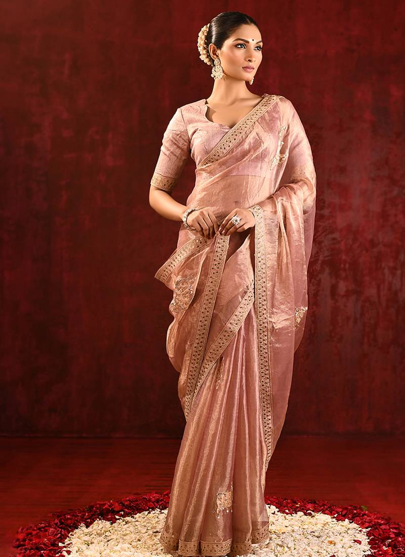 Rose pink embroidered tissue saree set