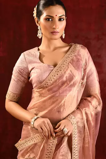 Rose pink embroidered tissue saree set