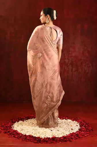 Rose pink embroidered tissue saree set