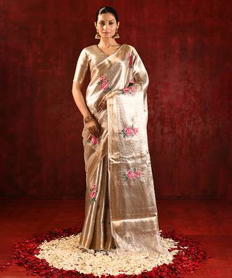 Champagne gold embroidered tissue saree set 1