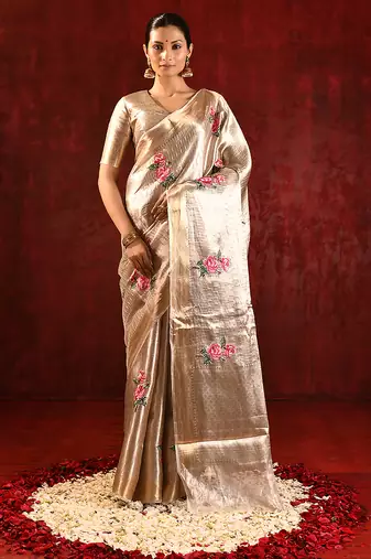 Champagne gold embroidered tissue saree set