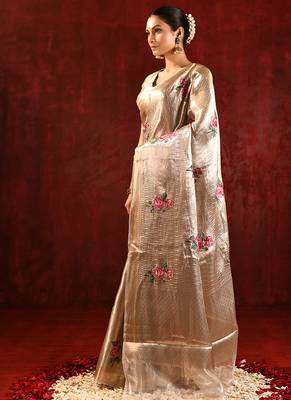 Champagne gold embroidered tissue saree set 2