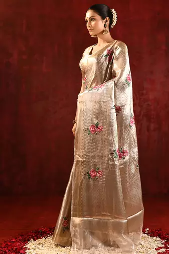 Champagne gold embroidered tissue saree set