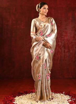 Champagne gold embroidered tissue saree set 3