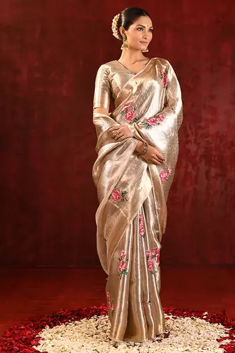 Champagne gold embroidered tissue saree set