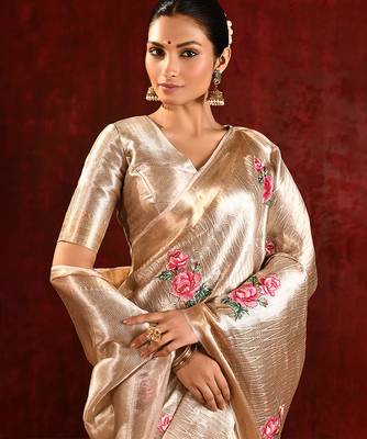 Champagne gold embroidered tissue saree set 4