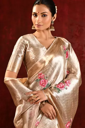 Champagne gold embroidered tissue saree set